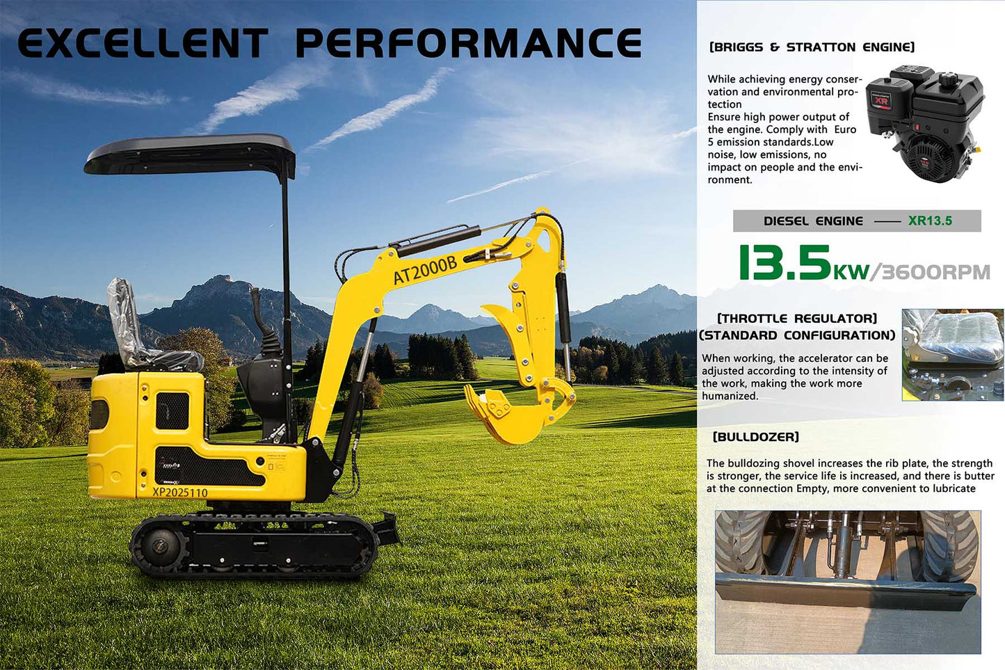 Free shipping, 2000-pound mini excavator with B&S engine