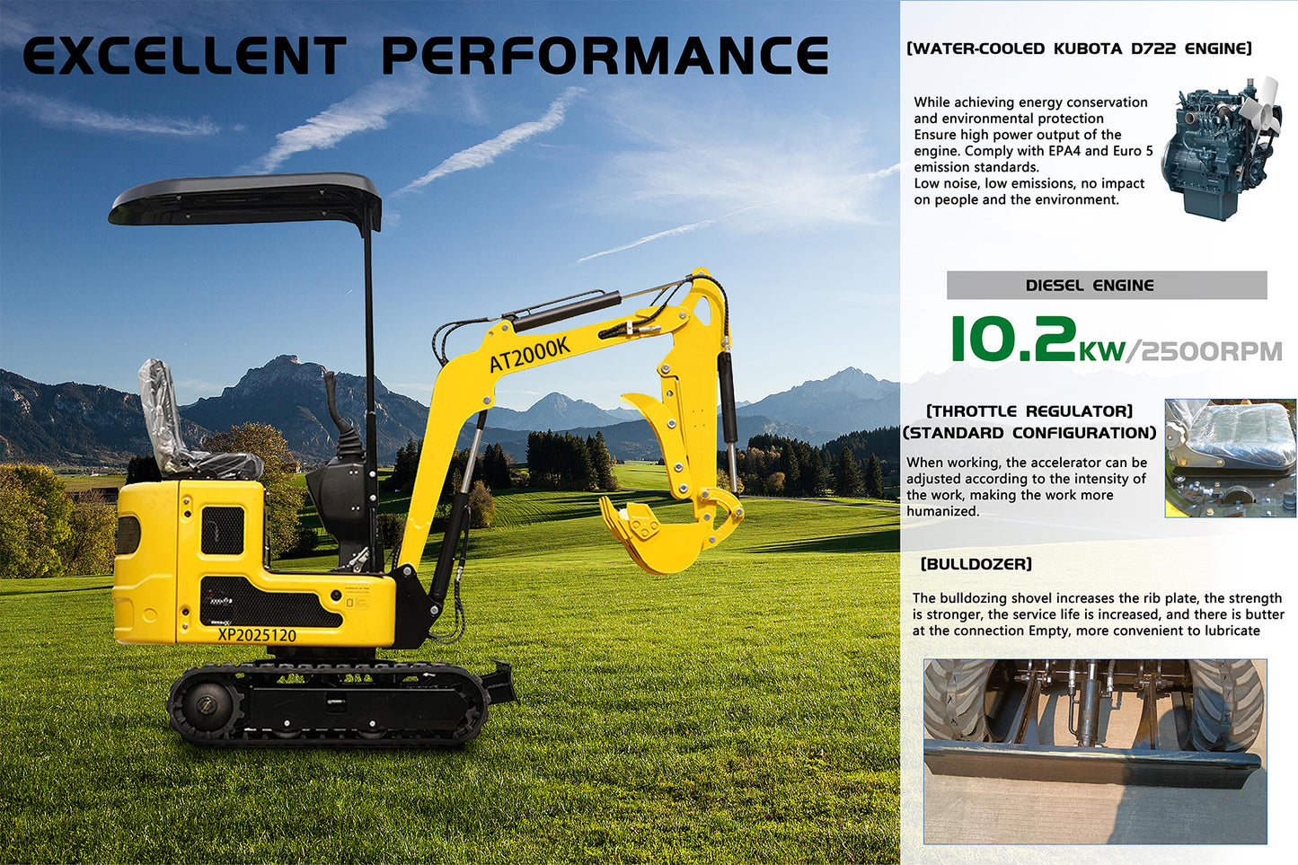 Free shipping, 2000-pound mini excavator with Kubota engine